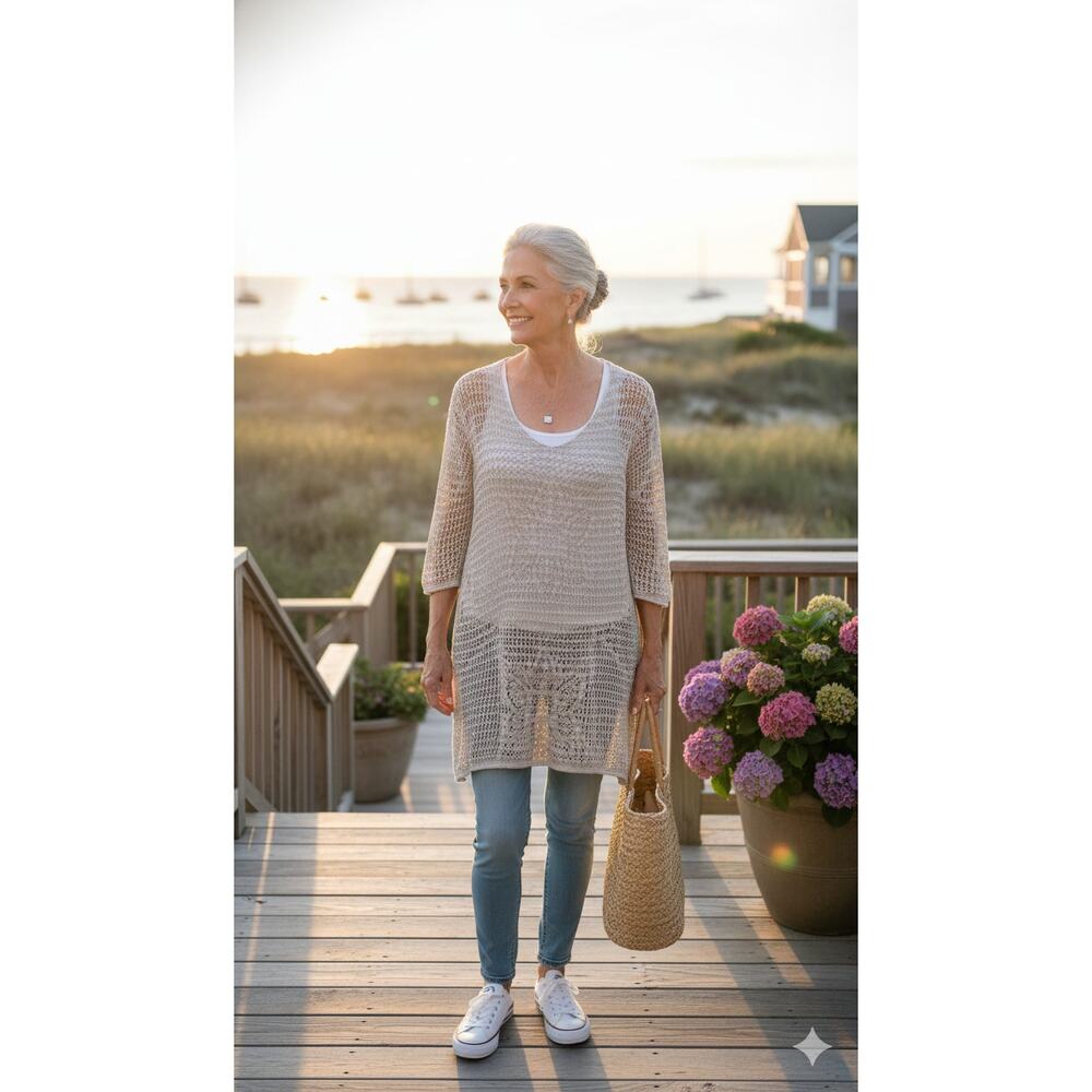 Jeanne Pierre Crochet Knit Sweater Size Large‎ 100% Cotton in Tan